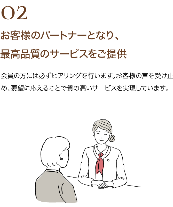 02 お客様のパートナーとなり、 最高品質のサービスをご提供｜会員の方には必ずヒアリングを行います。お客様の声を受け止め、要望に応えることで質の高いサービスを実現しています。